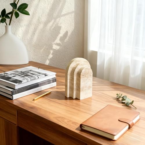1 Piece Modern Travertine Bookend, Arched Design, Natural Stone Book Holders for Desk and Shelf (Travertine - 1 piece) - color: Travertine - 1 Piece