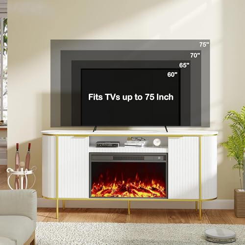 Luxury Fluted Fireplace TV Stand：70" Modern Chic Entertainment Center with Fireplaces for Living Room, Media Console Electric Fireplace with Storage,Off White (White, 70 inch TV Stand with Fireplace)