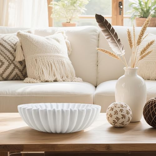 Large Modern Decorative Ruffle Bowl for Home Decor Fruit Bowl Organic Catch All Key Kitchen Entryway Shelf Coffee Table,White - color: White