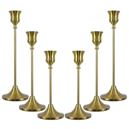 Candlestick Holders, Taper Candle Holders Set of 6, Vintage Candle Holder Decor for Table Centerpiece, Fireplace Mantel, Weddings & Housewarming (Brass Gold, 6 pcs)
