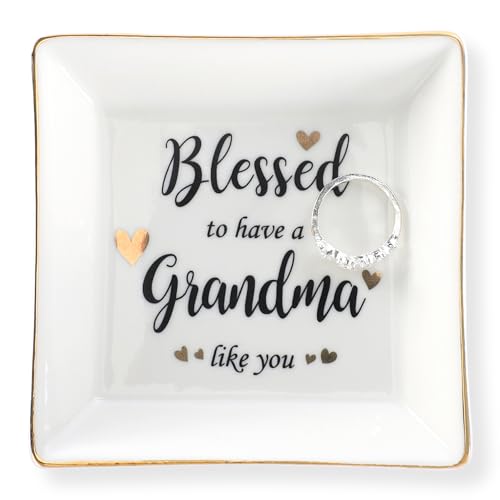 HOME SMILE Mother's Day Gifts for Grandma,Grandmother Ceramic Ring Jewelry Dish Tray Plate for Birthday Valentine's Christmas-Blessed to Have A Grandma Like You - style: Blessed to Have Grandma Like You