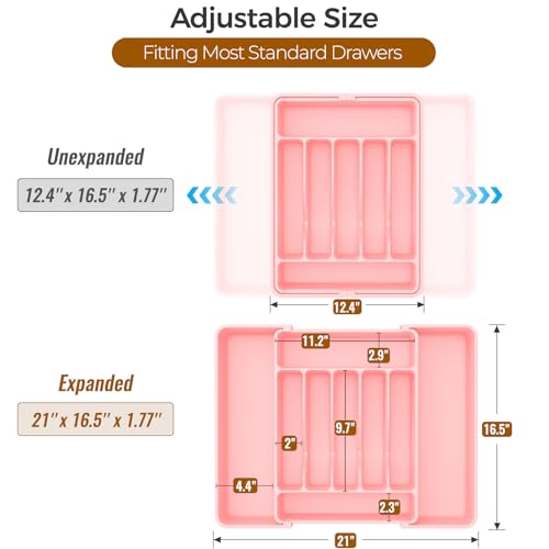 ukeetap Extra Large Expandable Silverware Organizer, BPA-Free Food-Safe Cutlery Flatware Organizer, Kitchen Utensil Drawer Organizer, Adjustable Silverware Holder for Spoons Forks Knives, Pink - color: Pink