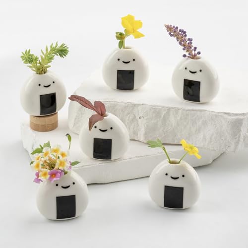 6 PCS Cute Handmade Ceramic Mini Vases - Japanese Onigiri Rice Ball Design for Dried Flowers and Small Stems, Adorable Mini Table Decor, Unique Japanese Craft Gift