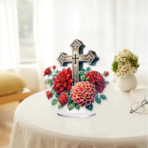 5D Tabletop Diamond Art Kit Cross Flower, Stand Up Special Shaped Crystal Diamond Art Desktop Kits for Adults, DIY Diamond Art Painting Kits Craft Gift (Red) - color: Cross Red Flower