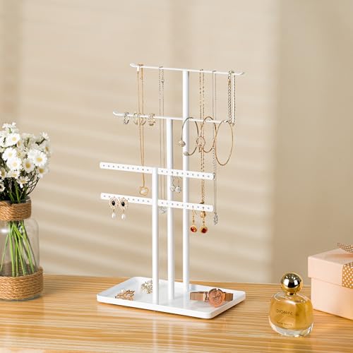 pickpiff Jewelry Stand Organizer, 14.5" Tall Sturdy Metal, 3-TierJewelry Holder for Necklace, Earring, Bracelet, Ring, Hanger for Display and Storage, Aesthetic Room Decor, White - color: White, size: 14.5" Height