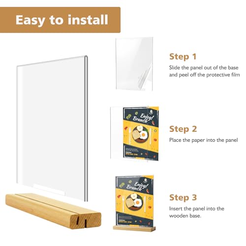 Comix 8.5x11 Acrylic Sign Holder with Wood Base 12 Pack Clear Table Display Stand Vertical or Slant Back Display for Wedding, Restaurant, Store, Office, Hotel - size: 12 Pack 8.5x11 inches (T/L)