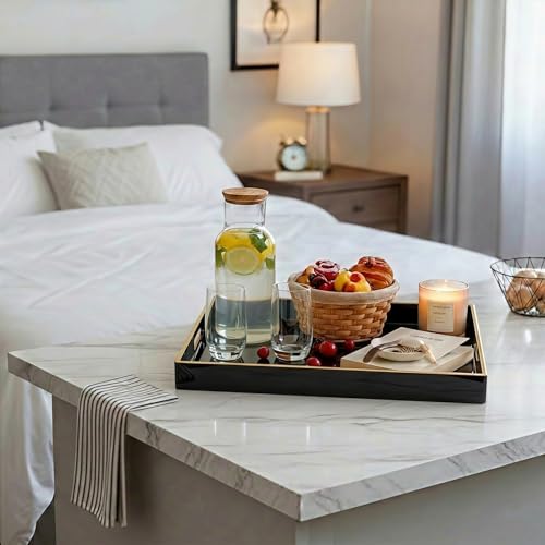 15.8" x 11.8" Black Plastic Serving Tray with Gold Trim and Handles, Decorative Rectangular Tray for Ottoman, Coffee Table, Kitchen Counter, Bathroom Vanity, Heavy-Duty & Easy to Clean - color: Black