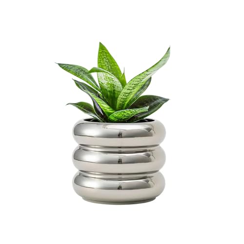 Ceramic Plant Pot Indoor, 4.5 Inch Flower Pot with Drainage Hole, Small Bubble Design Ceramic Planter for Home & Office Decor (Silver) - color: S-silver, size: 4.7inch