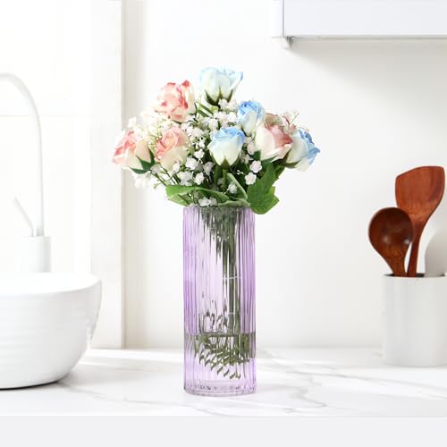 Purple Glass Vase for Flowers, Ribbed Glass Vase for Tulips, Modern Purple Vases, Tall Cylinder Glass Vases for Living Room, Bedroom, Dining Table, Office, Wedding, Bookshelf, 10 Inches - color: Purple, size: 10''