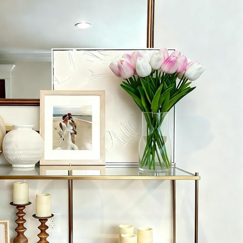 20pcs White and Pink PU Faux Tulips Flowers 13 Inch Fake Flowers Mother's Day Easter Valentine’S Day Gifts in Home Kitchen Wedding Dining Table Decoration - color: White and Pink