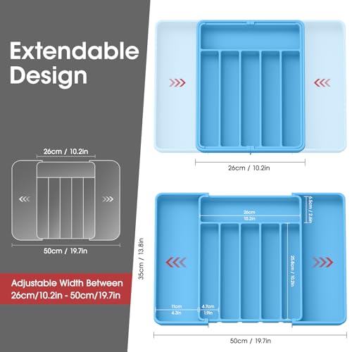 Aujen Silverware Organizer - Expandable Kitchen Drawer Organizer, Adjustable Utensil Organizer, Cutlery Tray for Forks, Knives, Multipurpose Kitchen Organizers and Storage Solution, Dark Blue, Large - color: Dark Blue, size: Large