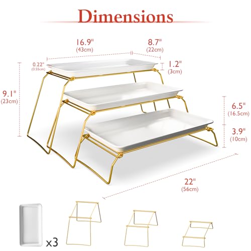 Extra Large 3-Tier Melamine Serving Tray Set and Cupcake Stand for Party Events, 17" Platters with Tiered Stand, Holds 63 Cupcakes, Food, Dessert, and Fruit, 24K Gold-Plated - color: Gold, size: 17" x 8.7"