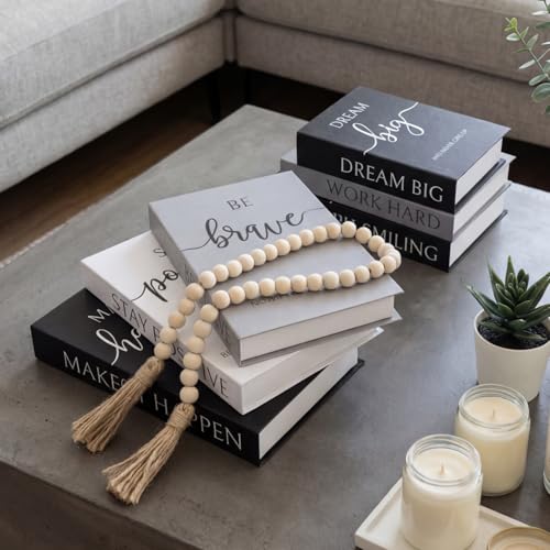 Menkxi 6 Aesthetic Decorative Books Set with Tassel Wood Bead Motivational Table Decor Encouragement Faux Book with Inspirational Design for Home Coffee Table Modern Decoration Photo Storage Box - style: Brave