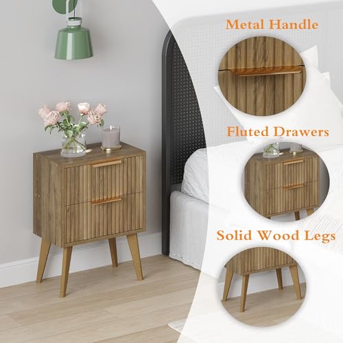 YAUKOMEL Mid Century Modern Nightstand,Small Bedside Table with 2 Drawers,Fluted Side Table,Walnut Brown End Table for Living Room,Bedroom,Small Space,Caramel Oak 11.8" D x 15.7" W x 22.8" H CTG55BR - color: Caramel Oak, style: Fluted Style