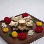 Decorative Metal Tea Light Candle Holder, Gold, Flower Design with Heart Pattern Cutouts, 3 Inch