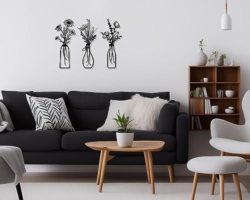 Pigort 3 Pieces Metal Flowers Wall Arts - Rustic Farmhouse Decor Black Minimalist Flower Wall Decors for Living room Bathroom Bedroom Dining Room - Housewarming Gifts(Black, Vase-C) - color: Black