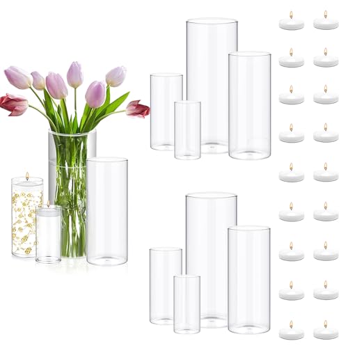 Set of 12 Pcs Glass Cylinder Vases for Centerpieces with 18 Pcs White Floating Candles for Centerpieces Glass Candle Holder for Table Shelf Wedding Party Home Decor (4"+6"+8"+10") - size: 12 SET