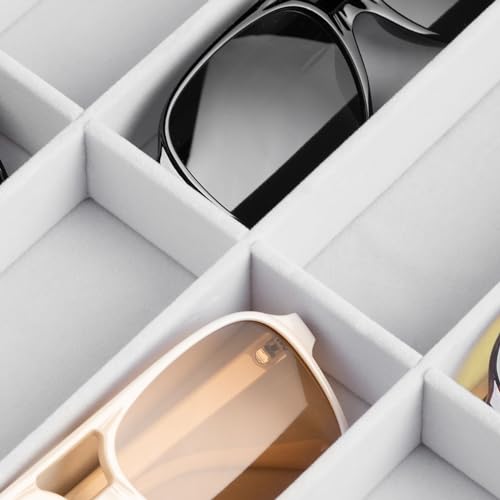 Frebeauty Sunglass Organizer,Velvet Glasses Organizer,8-Slot Sunglasses Tray with Clear Lid,Men's/Women's Sunglasses Box,Sunglass Case,13.3 x 9.6 x 2.2 Inches,Eyeglass/Eyewear Display Tray(White) - color: White, style: With Lid