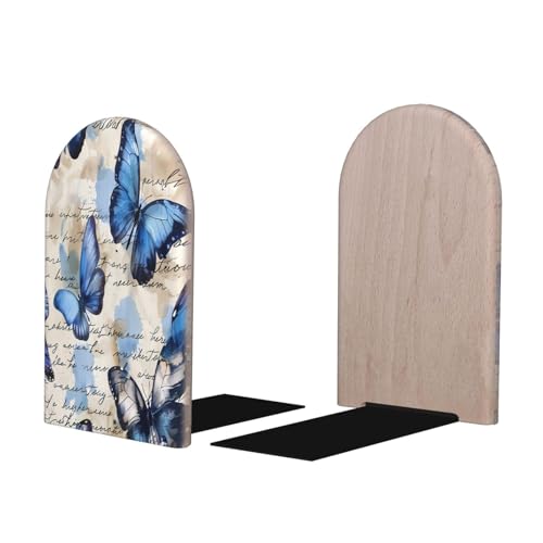 Decorative Bookends 2 Pcs Watercolor Ble Butterfly Animal Wood Bookends for Shelves Heavy Books Kids Non-Skid Book Ends Stoppers for Office Desk Kitchen School - color: Watercolor Ble Butterfly Animal