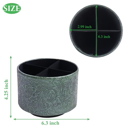 lizimandu Round Leather Art Supply Organizer,Remote Control Holder,360 Degree Spinning,Multi-Functional Pencil Holder,4 Compartments Desktop Stationary Organizer(1-Carved Metal Green1) - color: 1-Carved Metal Green1