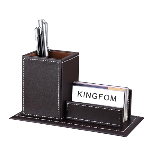 KINGFOM PU Leather Desk Organizer and Accessories, Pencil Holder for Desk with Business Cards Stand, School Office Supplies Collection Caddy Brown - color: Brown