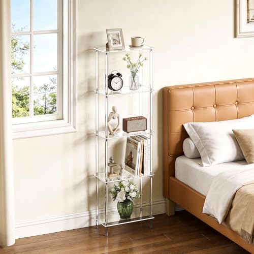 Clear Acrylic Narrow Side Table for Small Spaces, 15.75" L x 7.87" W x 50.7" H, 5 Tier Rectangle Slim End Table Nightstand, Small Mini Skinny Bedside Table for Bedroom, Bathroom, Living Room - size: 5 Tier 1-Pack
