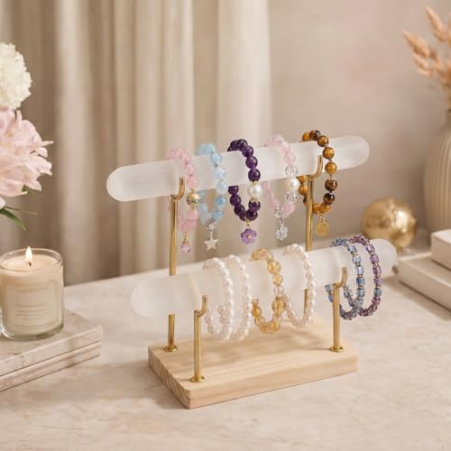 RattanView Selenite Bracelet Holder Display Stand Crystal Healing Goth Bracelet Display Stand Detachable Jewelry Wrap Watch Organizer Holder with Wooden Base for Bangles Charging Clean (2 Tier) - style: 2 Tier