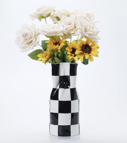 Ceramic Modern Checker Vase for Home Decor, Aesthetic Decoration for Livng Room, Bedroom, Kitchen, Minimalism Abstract Flower Vase Boho Chi, Wabi-Sabi, Hand-Pinched Pottery
