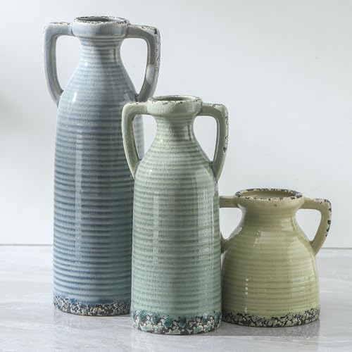 Ceramic Vases Set of 3, Neutral Rustic Farmhouse Vase with Handle, Decorative Flower Vases Home Decor Modern Boho Pampass Vase for Table Mantel Entryway Shelf Living Room Kitchen Bathroom - Multicolor - color: 105-1