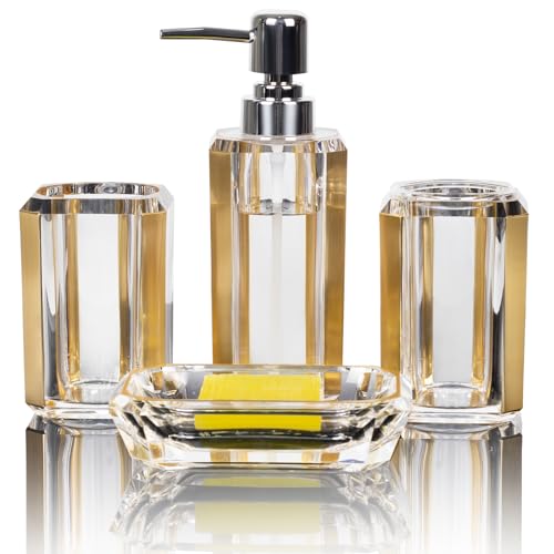 4-Piece Gold Bathroom Accessories Set — Soap Dispenser, Soap Dish, Mouthwash Cup & Toothbrush Holder, Acrylic with Brushed Gold Accent, Luxury Bathroom Vanity Countertop Organizer for Home - color: Gold