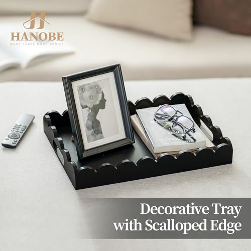 Hanobe Decorative Tray for Coffee Table: Serving Tray Decor with Scalloped Edge - Black Entryway Decor for Living Room Kitchen Counter