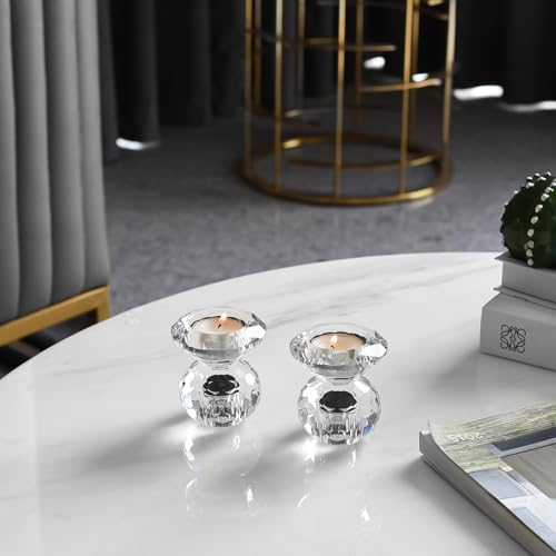 Reversible Crystal Candle Holders Pack of 2, Clear Tealight or Taper Candlesticks, Table Centerpiece Home Decor for Wedding, Dining, Party(3.1in Tall)