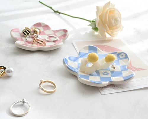 Teen Girls Gifts Trendy Stuff Aesthetic Room Decor Bedroom Decor Aesthetic Preppy Room Decor Aesthetic Stuff Checkered Jewelry Tray, Blue - style: Blue Checkered and Flower