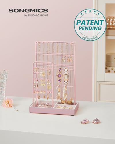 SONGMICS Jewelry Holder, Jewelry Organizer, Jewelry Display Stand with Metal Frame, Velvet Tray, Necklace Earring Bracelet Holder, for Studs, Rings, Gift Idea, Jelly Pink UJJS021R01 - color: Jelly Pink