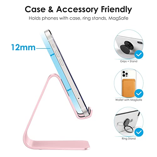 OMOTON Upgraded Aluminum Cell Phone Stand for Desk, C1 Durable Cellphone Dock with Protective Pads, Smart Stand Designed for iPhone17, 16/15/14/13 Pro Max Air, iPad mini, Android Phones,Rose Gold - color: Rose Gold