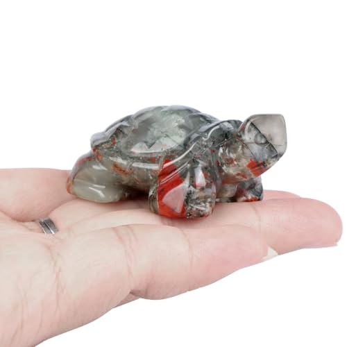Crystal Turtle Figurines 2" Africa Blood Stone Healing Pocket Gemstone Sculpture Hand Carved Tortoise Statue for Home Office Decor, Paperweight