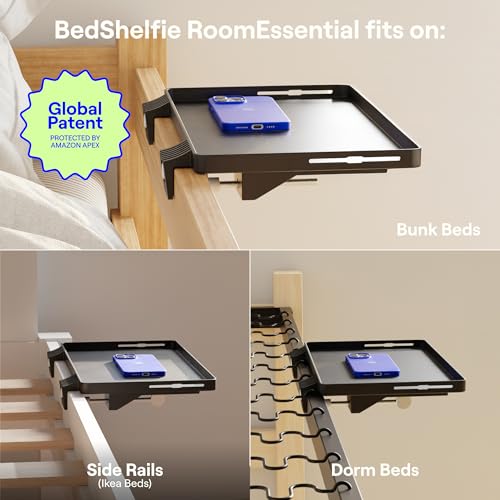 BedShelfie Wood Bedside Shelf for Bunk Bed & Top Bunk, College Dorm Room Essentials, Loft Nightstand, Floating Bed Side Table Tray Storage, Dorm Room Decor By Smallish - (Flexfit Bamboo Model, Black)