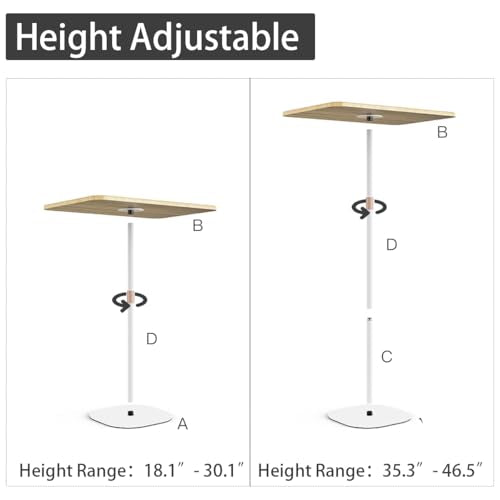 Small Laptop Standing Desk, 18“H - 46”H Adjustable Height Pedestal Side Table with Wooden Top, Portable Tall End Table, Stand-Up Desk for Bedside, Couch, Sofa, Living Room, Bedroom, Home Office, White - color: White