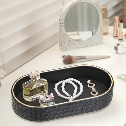 Hipiwe PU Leather Valet Trays Colognes Organizer Perfume Tray for Men, Modern Nightstand Bedside Storage Tray, Black Key Holder Bowl for Entryway Decorative Catchall Trays for Keys, Watch, Wallet - color: Black