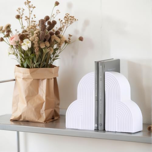 Decorative Bookends for Shelves Set of 2 – Heavy Duty White Resin Bookends, Boho Aesthetic Minimalist Geometric Book Ends, Modern Book Stoppers for Heavy Books, Office Desk, Home or Library Decor - color: White