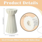 Honeydak Set of 3 Ceramic Taper Candle Holder Cream White Candlestick Holder Fluted Candle Stick Stand Boho Nordic Modern Decorative Table Centerpiece Wedding Home Dinner Party Housewarming Gift