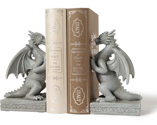 Dragon Statue Decorative Bookends for Shelves, Stone Grey Dragon Statue Home Office Decoration, Fantasy Dragon Figurine Enthusiasts Gifts - color: Stone Grey