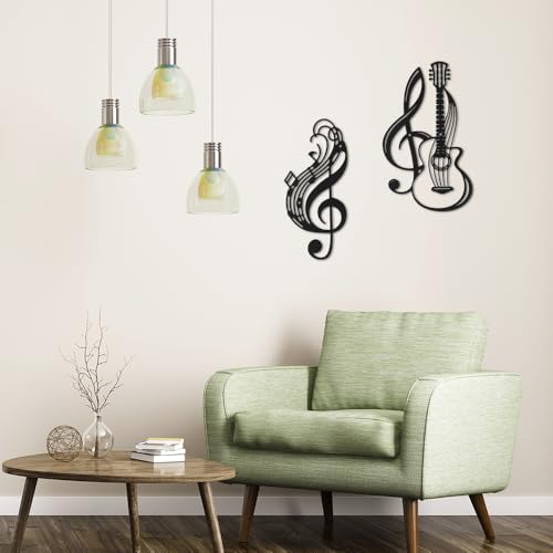 Musical Note Metal Wall Art Vase with Flowers, Hanging Decor for Indoor Living Room, Kitchen, Bedroom (Guitar Musical Notes 2 Pack)