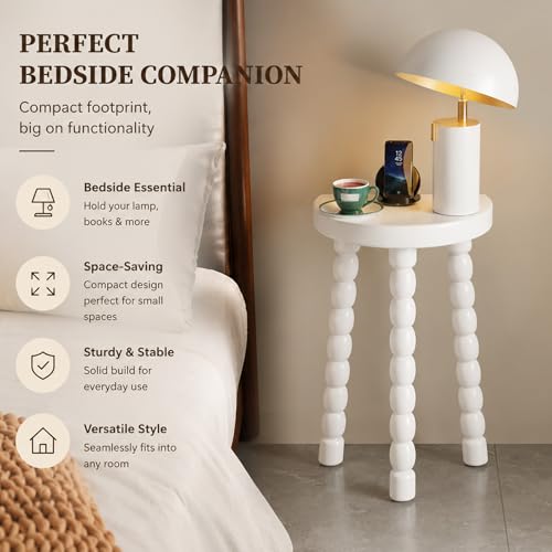 LitaEther Bobbin Side Table, Solid Wood Half Moon End Table, Small Wooden Accent Table with Chunky Turned Legs, Plant Stand for Living Room Bedroom Entryway, Modern Farmhouse Bedside Table, White - color: White