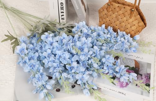 8PCS Blue Delphinium Artificial Flowers Larkspur Fake Flowers 33.5in Long Stem Faux Silk Flowers Bulk for Tall Vase for Home Wedding Floral Arrangement Centerpiece Table Decorations (Baby Blue) - color: Baby Blue