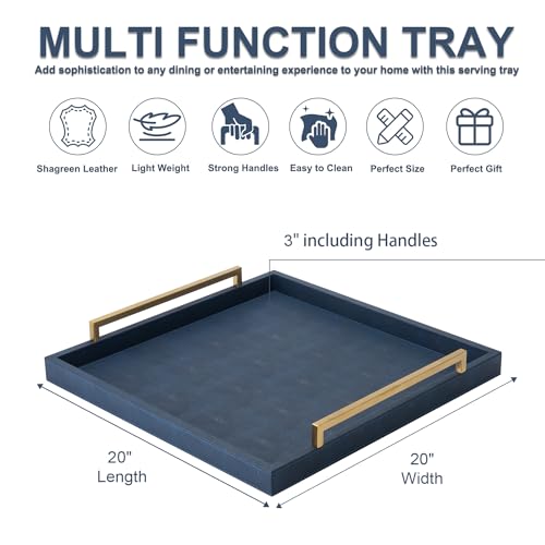 Large Navy Blue Decorative Tray for Ottoman,Stylish Rectangle Coffee Table Tray with Handles,Versatile Serving Tray for Living Room and Home Decor - color: Blue, size: 20" x 20" x 3"