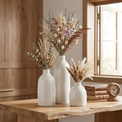 White Ceramic Vase Set of 3, Farmhouse Vases for Home Decor, Rustic Flower Vases for Living Room, Shelf, Kitchen, Mantel, Bedroom, Coffee Table, Office, Bathroom, Entryway Table Centerpiece Decor - color: White