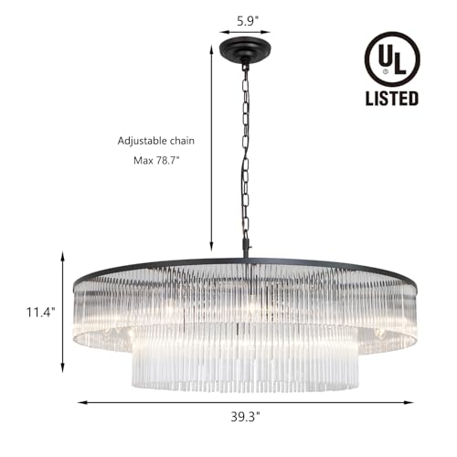Black Glass Chandelier, Large Modern 2-Tier Glass Rod Chandelier Lighting for High Ceiling Foyer Hall Staircase, 12-Light Round Hanging Ceiling Light Fixture 39" - size: Large Black (39" x 70")