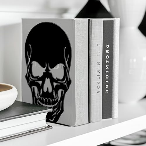 Peacoblue Metal Bookends for Shelves, Modern Decorative Heavy Duty Study Book Ends Stoppers for Office, Desk, Shelf, Room 5.3"x4.3"x7.9" Cast Iron Simple Tall Bookends 1 Pair (Skull) - style: skull