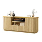 QUW 70" Fluted TV Stand for TVs Up to 80", Modern Entertainment Center with 2 Drawers & Cabinets, TV Console with Curved Profile Design, Luxury Wooden Media Console for Living Room, Natural Oak - color: Natural Oak
